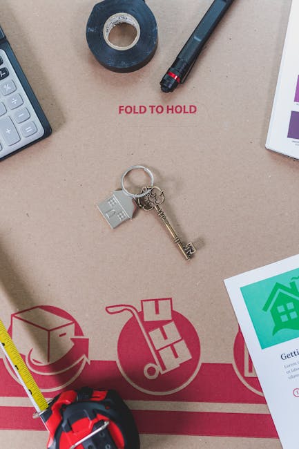 A close-up view of a packing and moving workspace showing a cardboard box with red printed icons related to house relocation, such as a moving truck and furniture, on a beige surface. Resting on the b