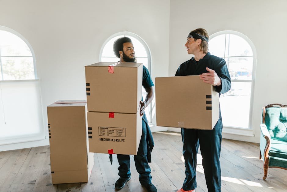 Two movers inside a bright, spacious room with white walls and large arched windows, engaged in a home relocation process. The mover on the left, with curly hair and a beard, is holding two stacked ca